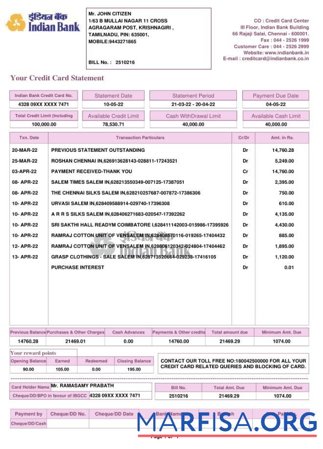 Realistic India Indian bank statement word real example